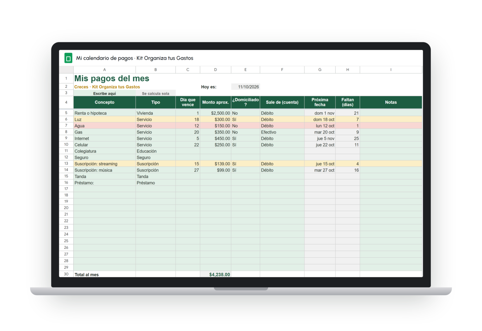 Calendario de pagos en Google Sheets