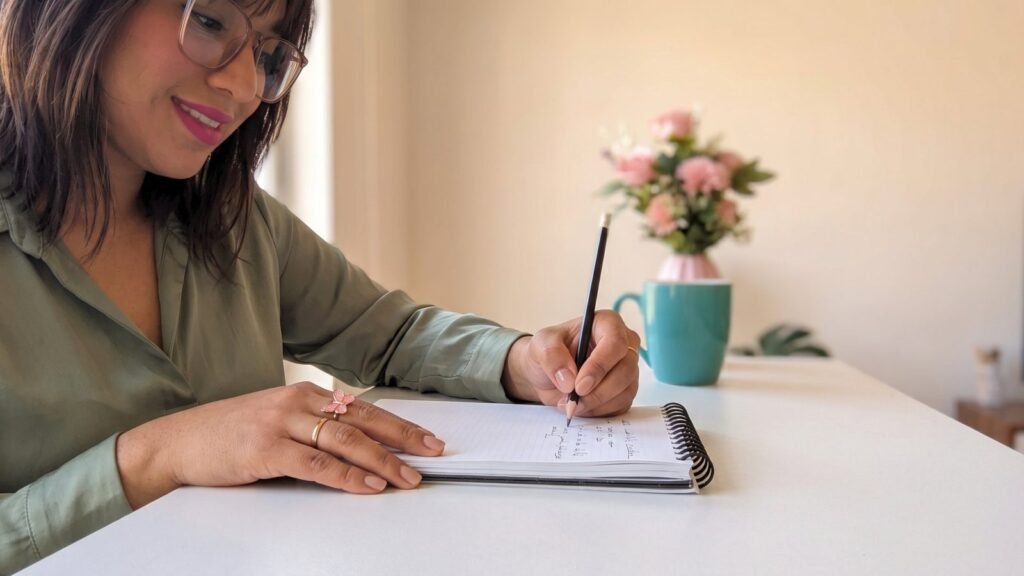 Erentira escribiendo con lápiz en una libreta junto a una taza de café