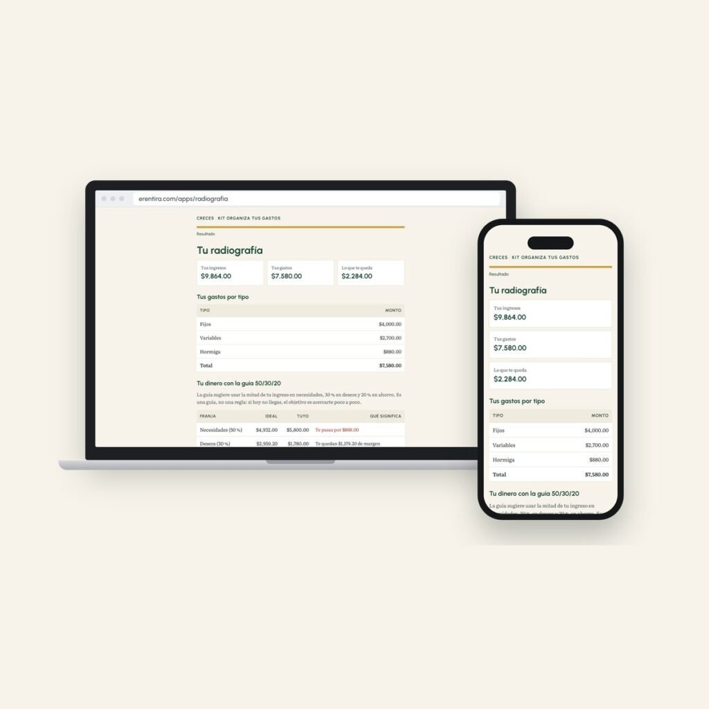 Kit Organiza tus Gastos: la app Radiografía Financiera en laptop y celular