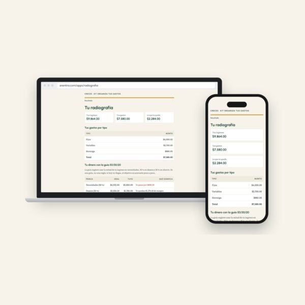 Kit Organiza tus Gastos: la app Radiografía Financiera en laptop y celular