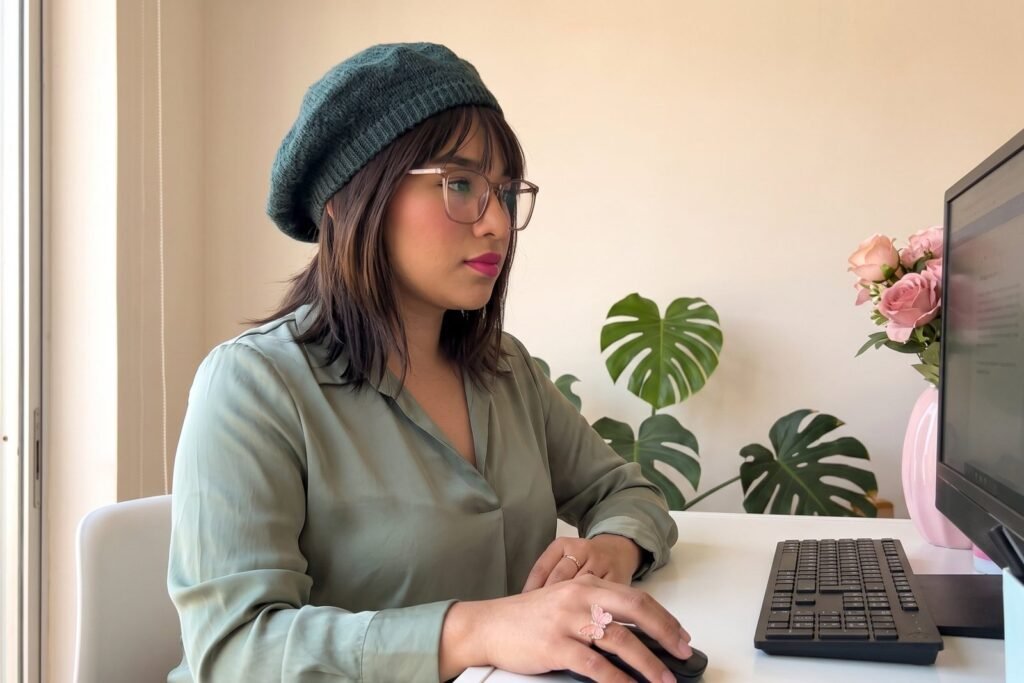 Erentira trabajando frente a la computadora