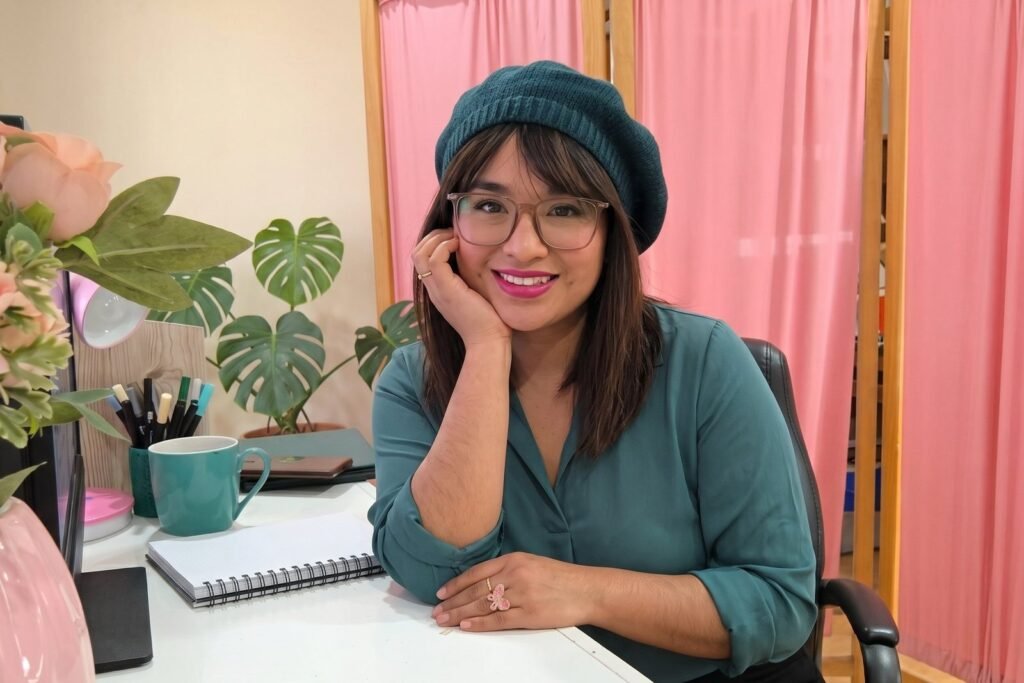 Erentira sentada en su escritorio con boina tejida